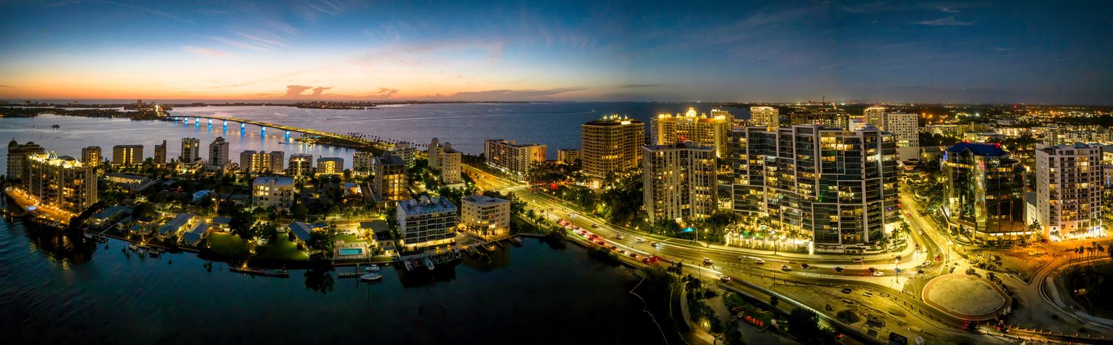 Downtown Sarasota skyline at night across Sarasota Bay